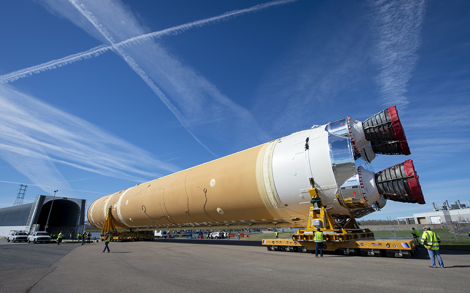 Space Launch System Core stage 1 rollout from Michoud Assembly Facility to NASA's Pegasus barge; for Green Run test. MSF20-0002 Series. Leanne Caret_President and CEO of Boeing Defense, Space & Security.