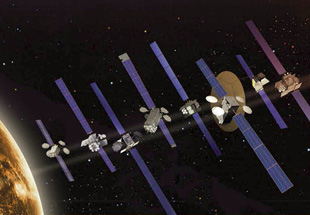 C G eye render of eight satellites in space. Boeing Satellite Family