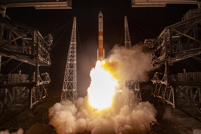 Night photo of an S L S launch. United Launch Alliance